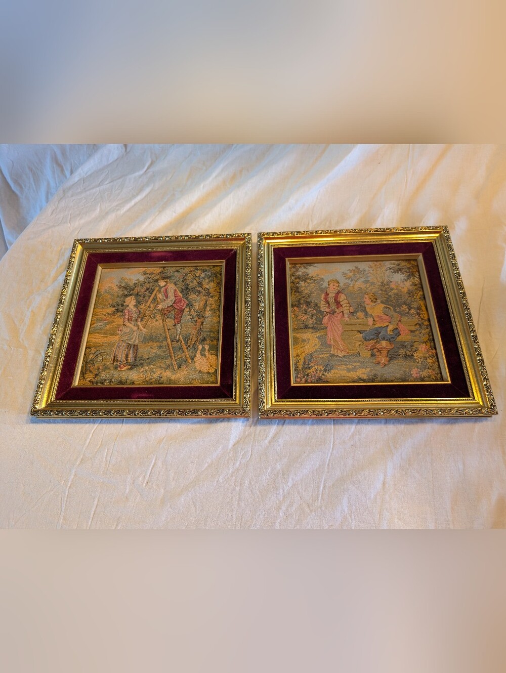 Vintage/ Antique Burgundy & Gold Framed Romantic Tapestry Pair